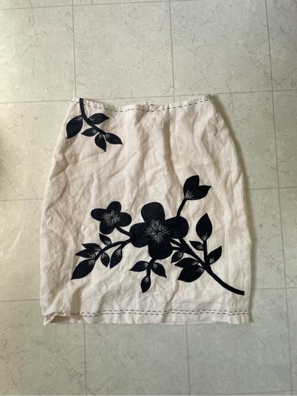 Women's Cream Linen Blend Skirt with Black Floral Print